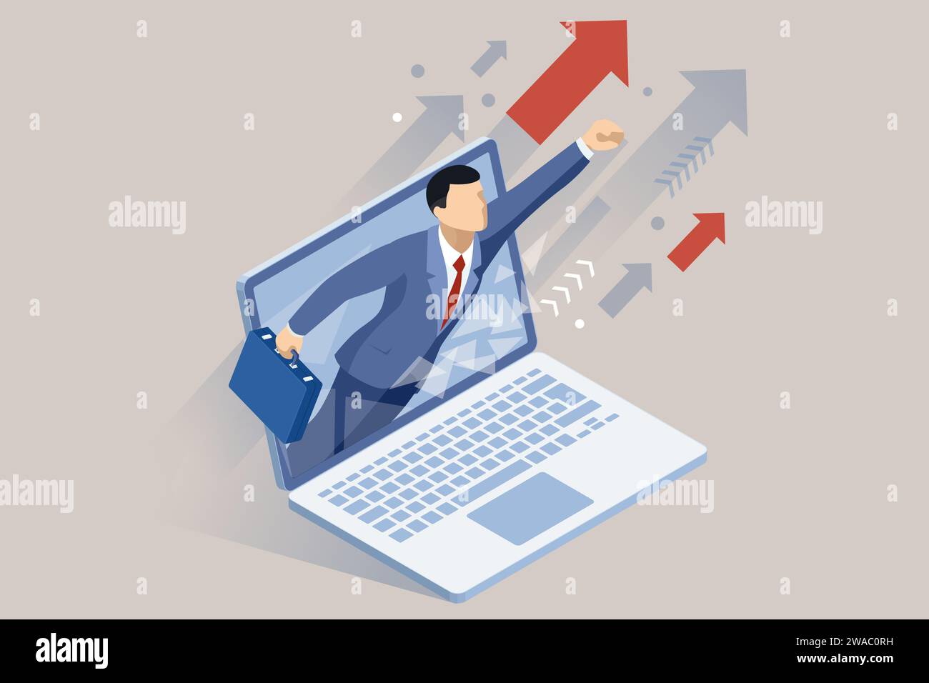 Ein isometrischer Laptop-schwingender Mann skaliert die Karriereleiter, erreicht seine Ziele im Geschäftsplan, verdient Beförderungen und wird ein erfolgreicher Leader und Stock Vektor