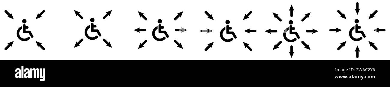 Pfeile, die auf das Symbol für behinderte Personen im Rollstuhl zeigen. Das Konzept der Behinderten-Bedeutung. Version mit nach außen und nach innen zeigenden Punkten Stock Vektor