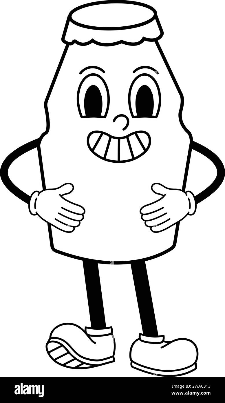 Joghurtflaschencharakter. kawaii, Avatar, Etiketten, Emoticons, blau, Element, Creme, Diät, Gesicht, Flüssigkeit, Logo, flach, Vintage, Symbol, Farm, Icon, Molkerei. Stock Vektor