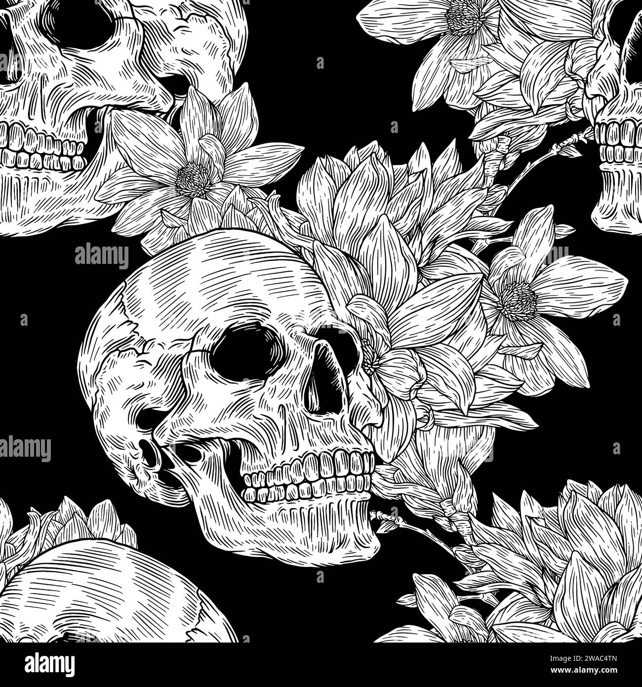 Nahtloses Muster mit Schädel und Magnolienblume im Hintergrund. Romantische Illustration. Vektorabbildung. Stock Vektor