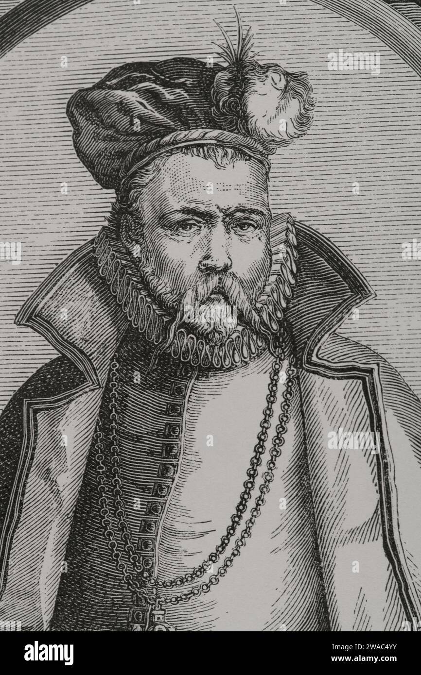 Tycho Brahe (1546-1601). Dänischer Astronom. Hochformat. Stich von Huyot nach einem Original von Jacques de Gheyn (1565-1629). Details. Sciences & Lettres au Moyen Age et à l'époque de la Renaissance. Paris, 1877. Stockfoto