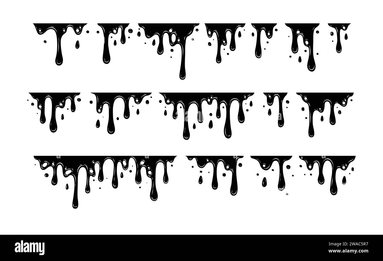 Lack tropft. Tropfende Flüssigkeit. Farbfluss. Aktuelle Farbe, Flecken. Strom fällt ab. Aktuelle Druckfarben. Vektorabbildung. Fließende Flüssigkeit. Schablonentropfen. Stock Vektor