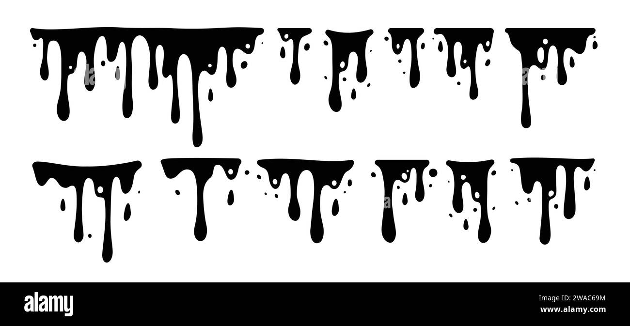 Lack tropft. Tropfende Flüssigkeit. Farbfluss. Aktuelle Farbe, Flecken. Strom fällt ab. Aktuelle Druckfarben. Vektorabbildung. Fließende Flüssigkeit. Schablonentropfen. Stock Vektor