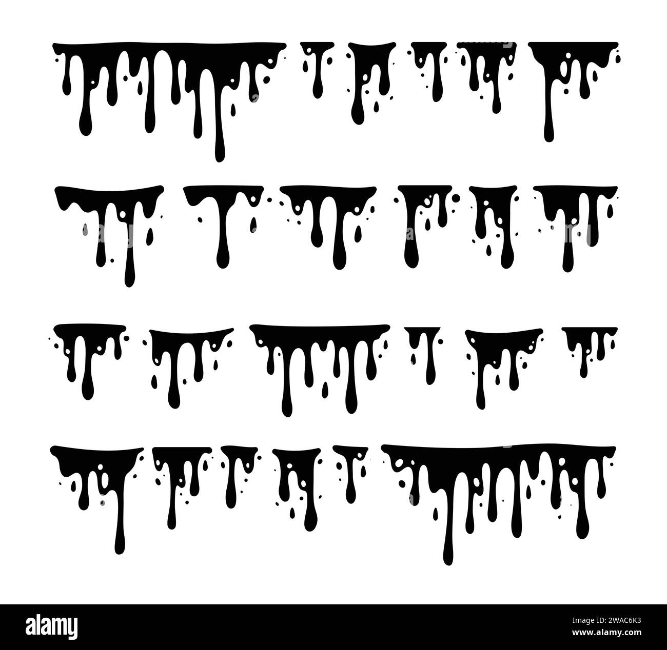 Lack tropft. Tropfende Flüssigkeit. Farbfluss. Aktuelle Farbe, Flecken. Strom fällt ab. Aktuelle Druckfarben. Vektorabbildung. Fließende Flüssigkeit. Schablonentropfen. Stock Vektor