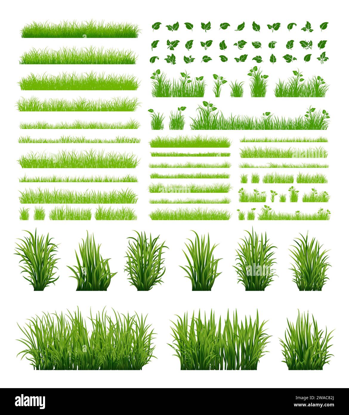 Grüne Grassilhouette. Zeichentricklinien von Pflanzen und Sträuchern zum Boarding und Rahmen, Öko- und Bio-Logo-Element. Vektorsatz Frühlingsfeld Pflanzen Sch Stock Vektor