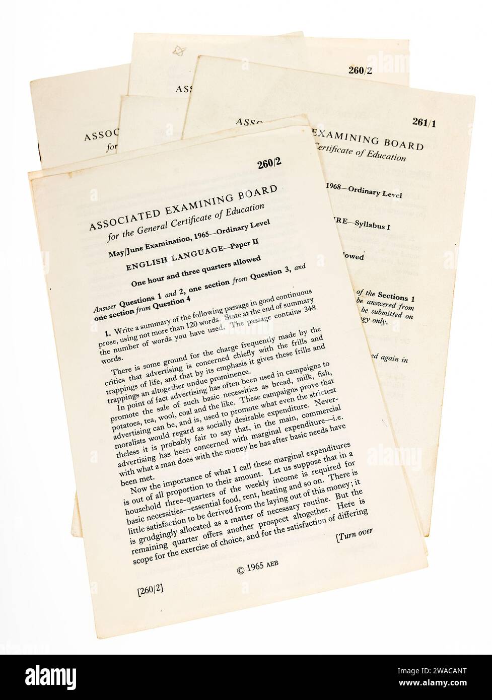 Associated Examination Board AEB O-Level Examination Papers for English Language, 1965, UK Stockfoto