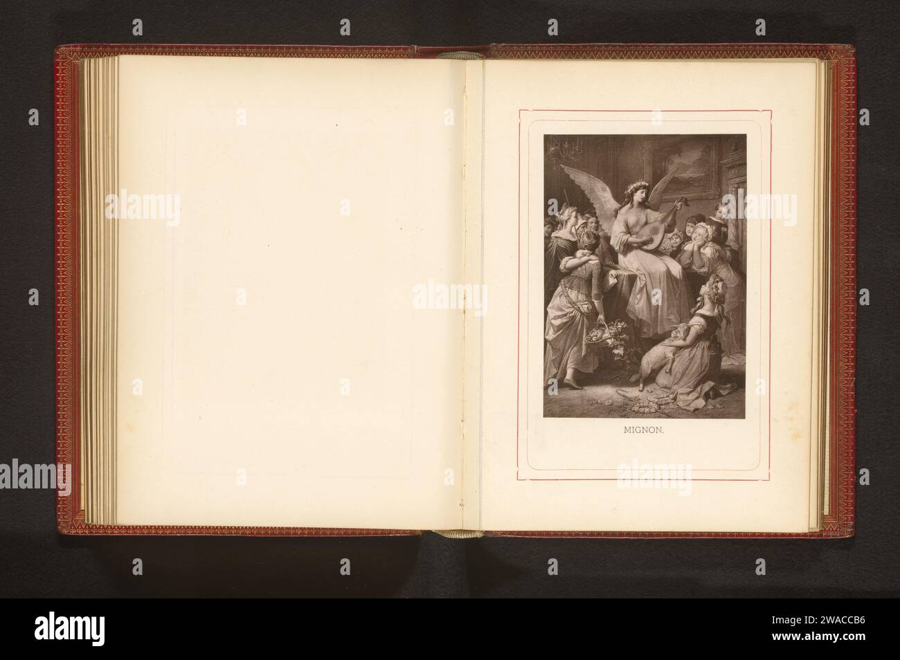 Fotoproduktion einer Zeichnung, die einen singenden Engel mit einer Laute zwischen Kindern darstellt, anonym, nach Wilhelm von Kaulbach, um 1875 - um 1885 fotomechanische Druckpapierkollotypenengel. Laute und spezielle Lautenformen, z. B. Theorbo. Kind Stockfoto