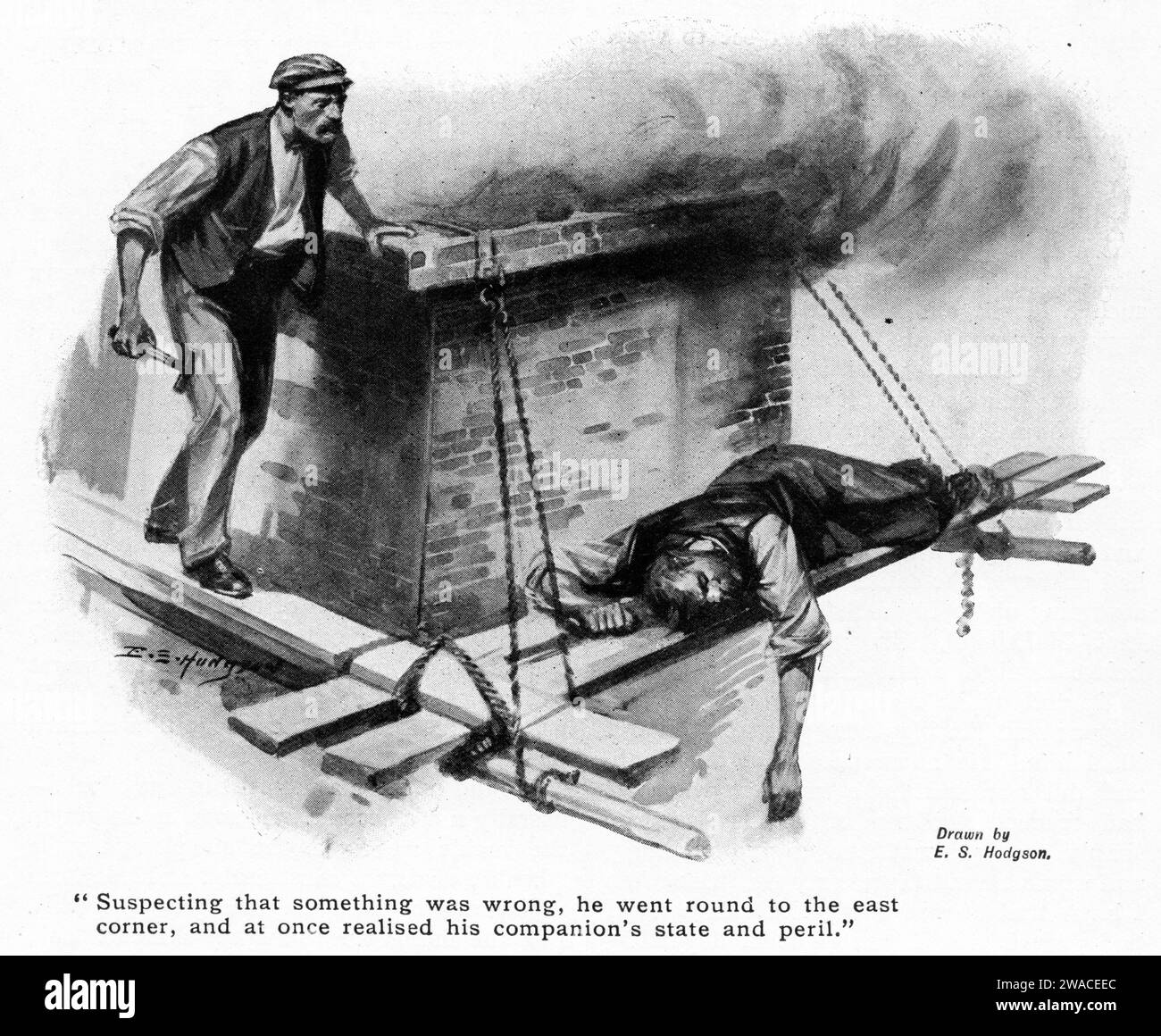 Halbton eines Bauarbeiters, der einen Kollegen bewusstlos auf einem Gerüst in der Nähe eines Rauchschornsteins findet, veröffentlicht 1913 Stockfoto