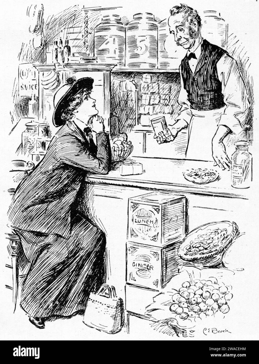 Gravur einer jungen Kundin, die frisch mit dem älteren männlichen Besitzer eines Lebensmittelgeschäfts wird, veröffentlicht 1913 Stockfoto
