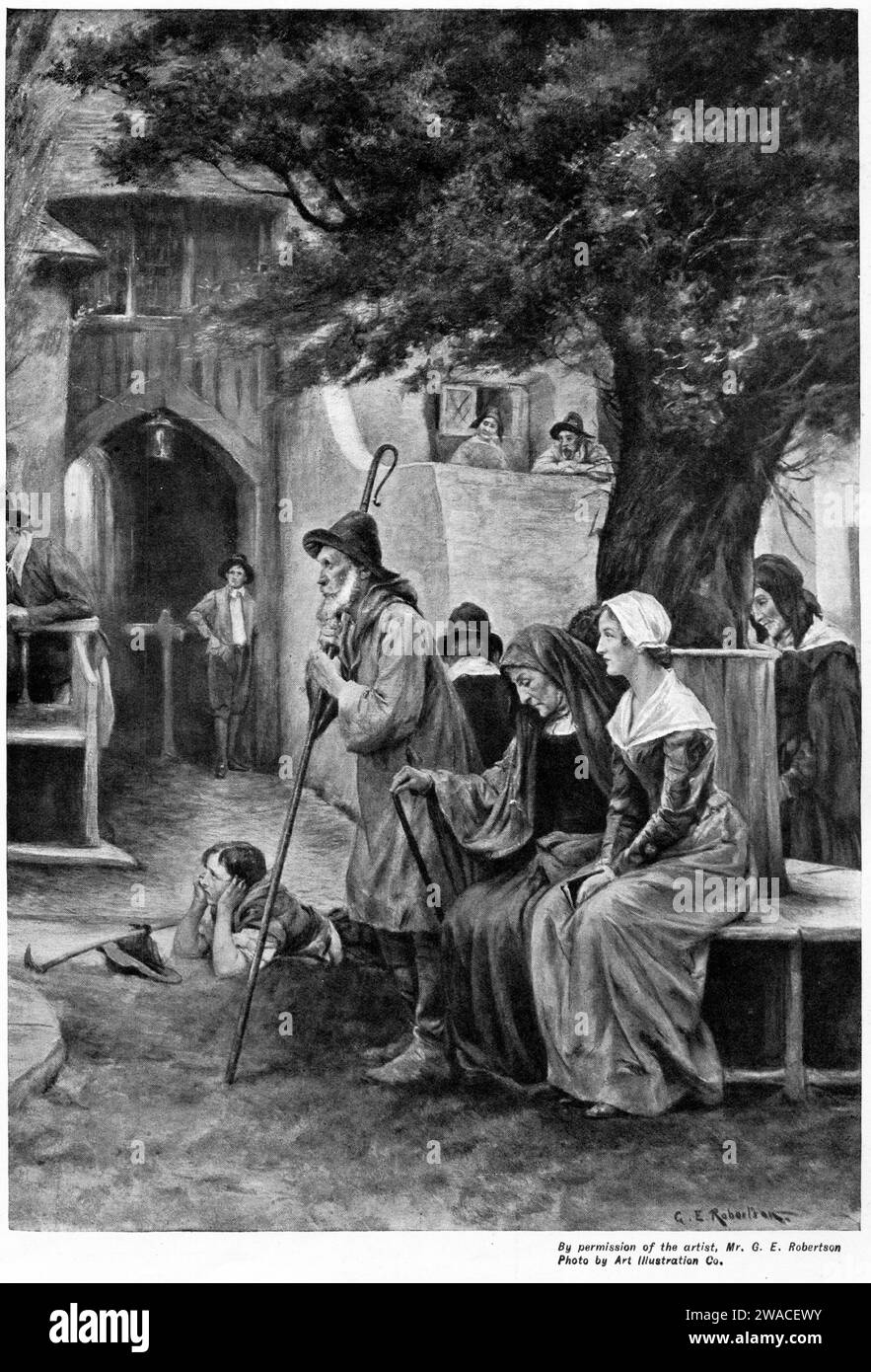 Eine Halbzeit der Publikumsreaktion, die ein Evangelist einer Gruppe von Menschen predigt, die wegen ihrer Sünde am Dorfkreuz in der Tudor Times, England, um 1913 veröffentlicht wurden Stockfoto