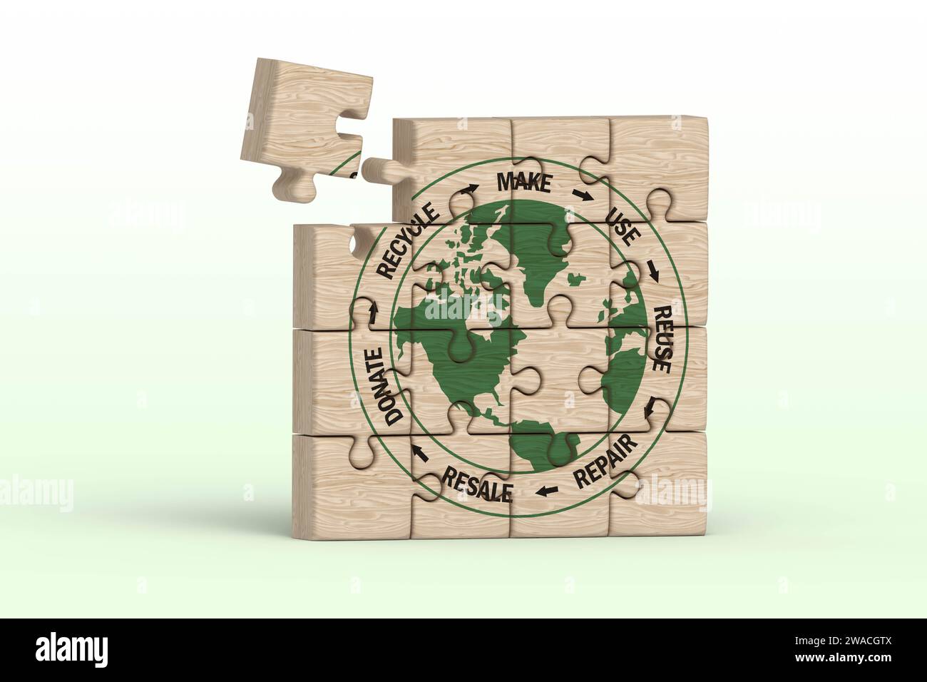 Kreislaufwirtschaft Symbol auf unvollständigem Holzpuzzle, machen, verwenden, wiederverwenden, reparieren, recyceln, spenden, weiterverkaufen für nachhaltigen Konsum, retten Sie den Planeten Null Stockfoto