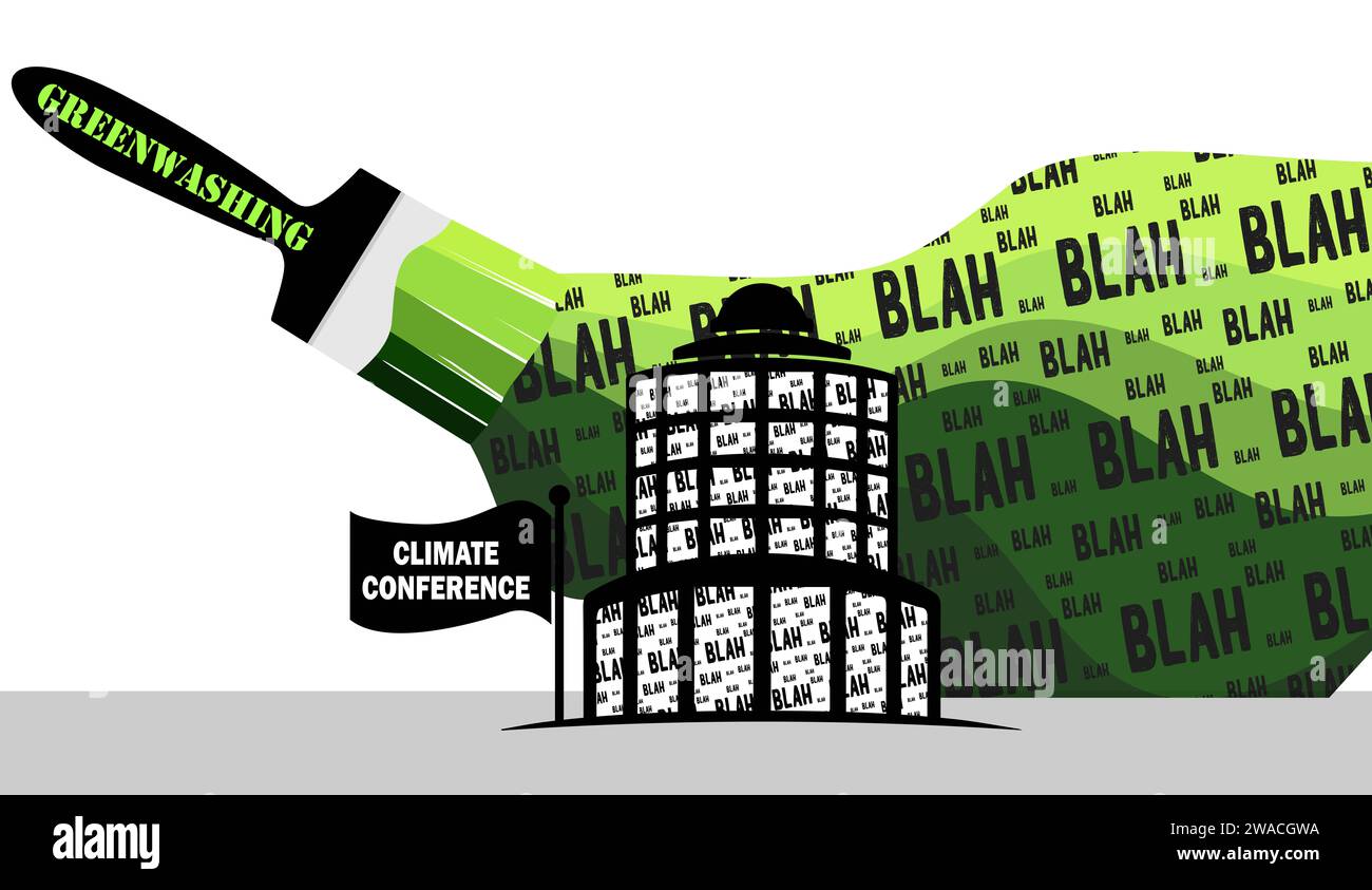 Greenwashing bla bla Conference Hall wird umweltgrün mit bla bla bla Greenwashing Pinselkonzept Illustration irreführende Informationen gestrichen Stockfoto