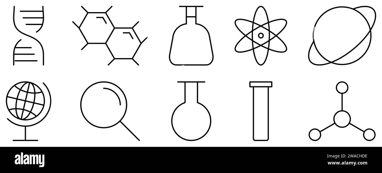 Satz von Symbolen für Chemie und Wissenschaft. DNA-Kette, Atom, Molekül, planeta, Reagenzgläser, Laborkolben, Kugel und Lupensymbole. Vektorabbildung Stock Vektor