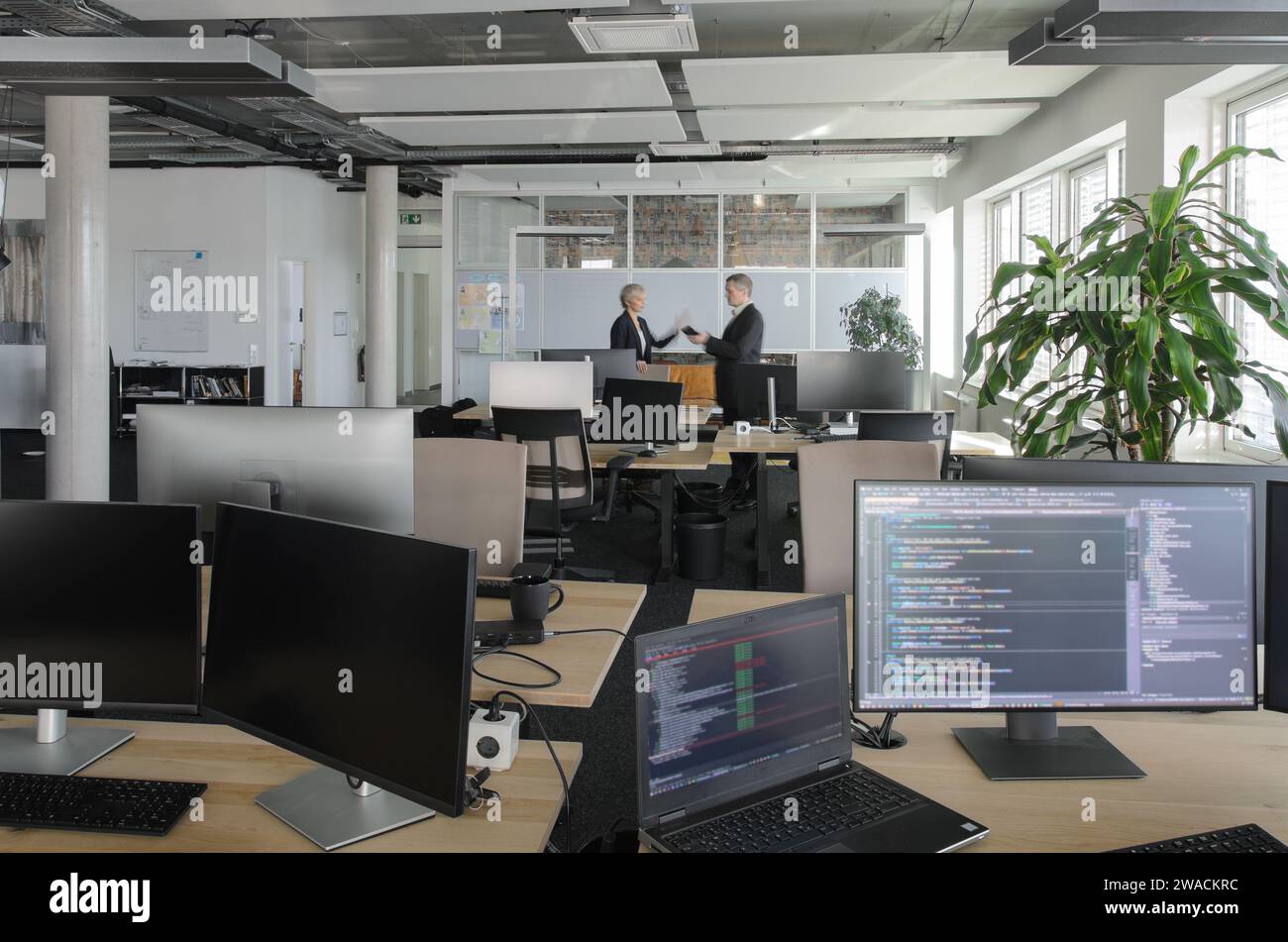 Zwei Geschäftsleute arbeiten im IT-Büro zusammen. Im Vordergrund befinden sich Monitore mit Programmcode. Stockfoto