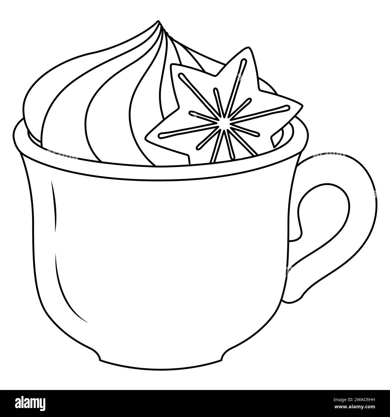 Süßer festlicher roter Becher heiße Schokolade mit Marshmallows und Lebkuchen. Eine Tasse Tee, heiße Getränke, Kakao. Weihnachtskaffeetasse in flachem Stil. Ausmalseite für Strichzeichnung. Vektorabbildung Stock Vektor