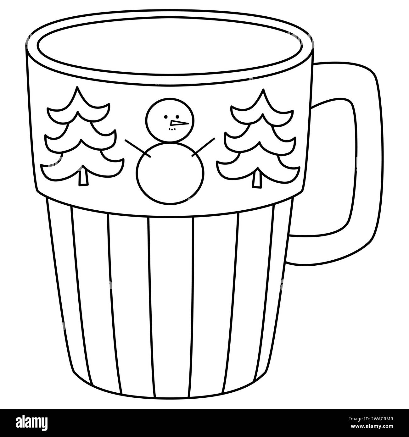 Becher mit Weihnachtsbaum und Schneemann in flachem Stil. Eine Tasse Tee, heiße Getränke, Tee, Kakao. Ausmalseite für Strichzeichnung. Stock Vektor