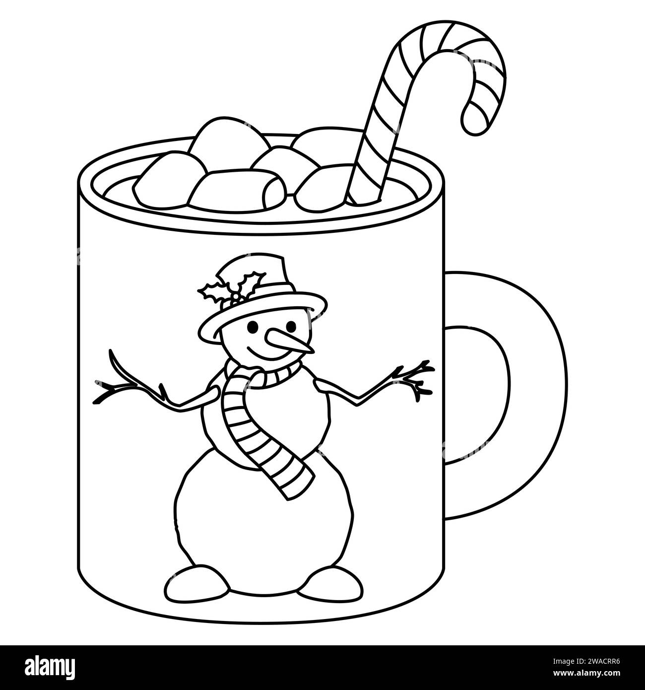 Süßer Weihnachtsbecher mit Schneemann. Heiße Schokolade mit Marshmallows und Lutscher. Weihnachtskaffeetasse in flachem Stil. Vektorabbildung. Ausmalseite für Strichzeichnung. Stock Vektor