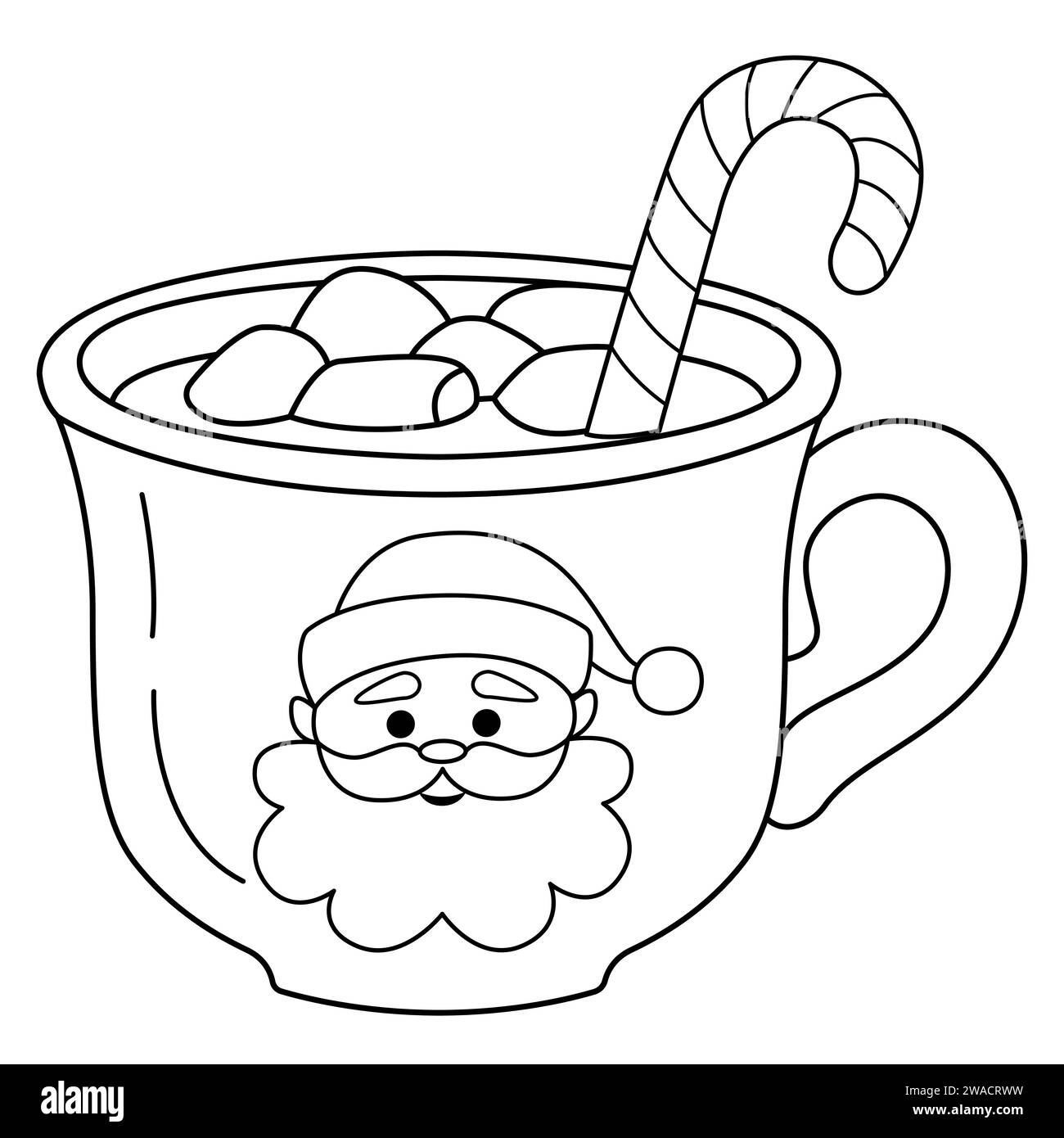 Süßer festlicher Becher mit Weihnachtsmann. Eine Tasse Tee, heiße Getränke, Kakao. Marshmallow und Karamell. Weihnachtskaffeetasse in flachem Stil. Ausmalseite für Strichzeichnung. Vektorabbildung Stock Vektor
