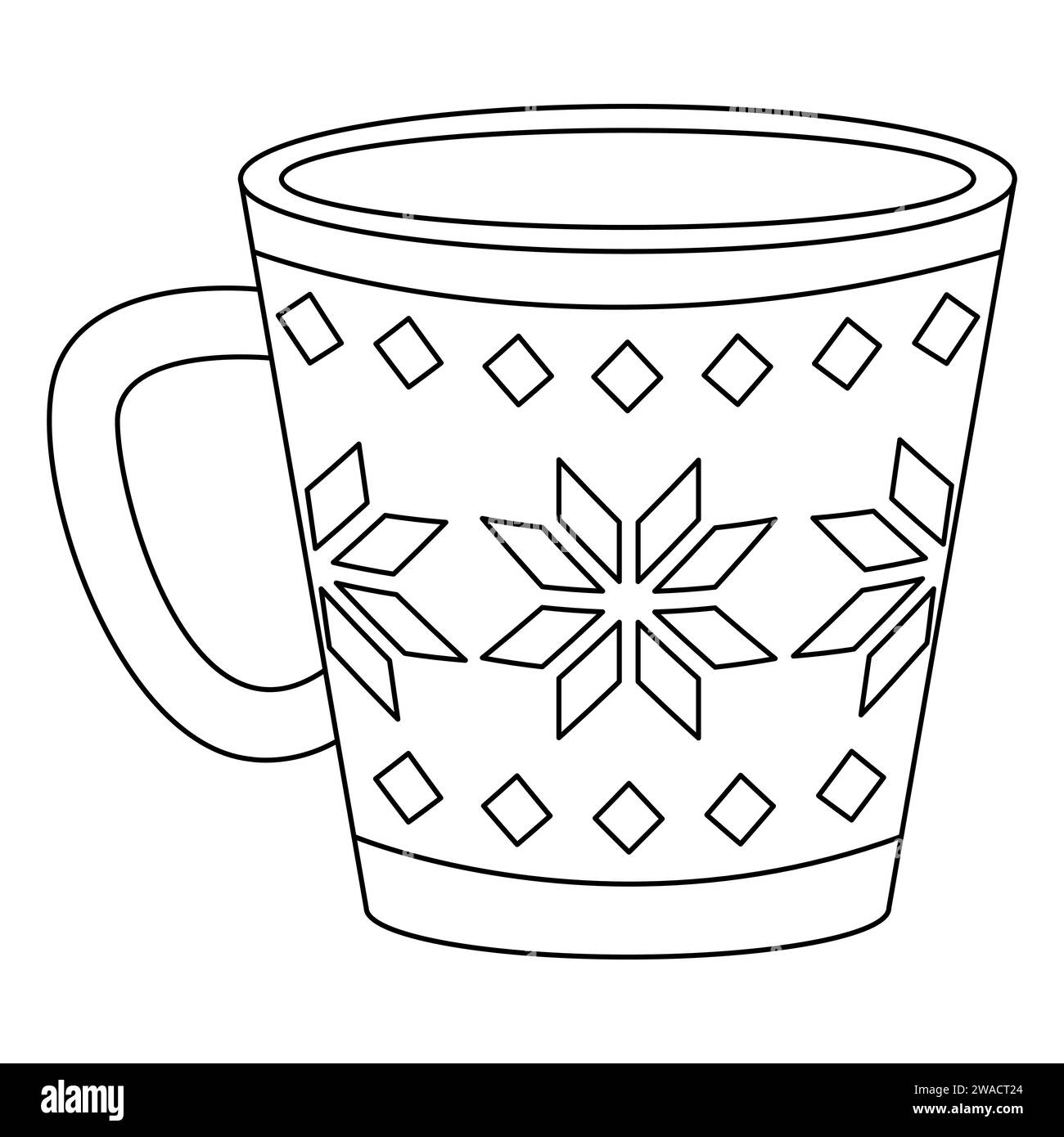 Niedlicher Weihnachtsbecher mit Ornament. Weihnachtskaffeetasse in flachem Stil. Ausmalseite für Strichzeichnung. Vektorabbildung Stock Vektor