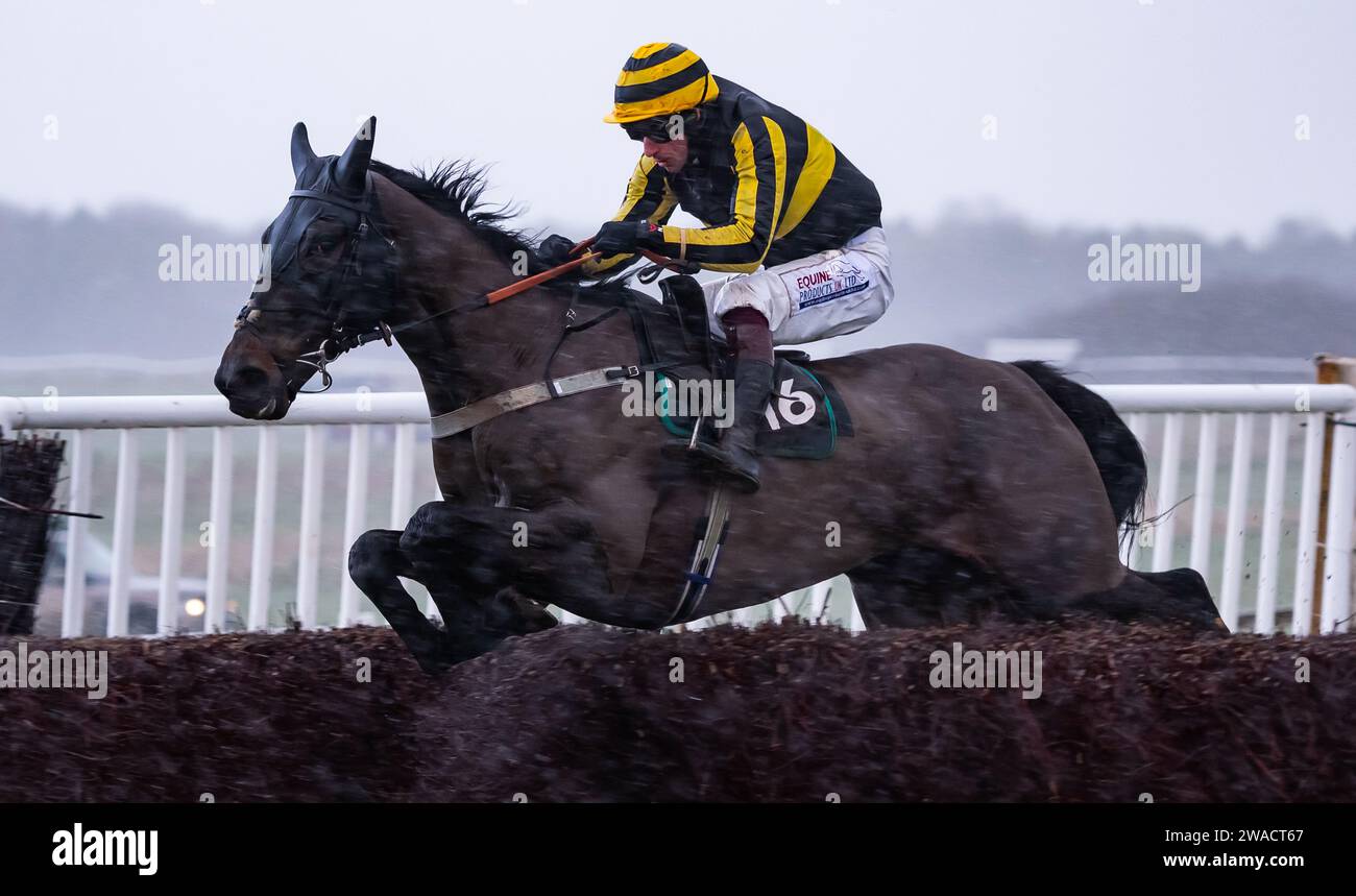 Wolf Walker und Jockey gewinnen an Silvester 2023 für Christopher Barber auf der Larkhill Racecourse, Wiltshire, Großbritannien. Stockfoto