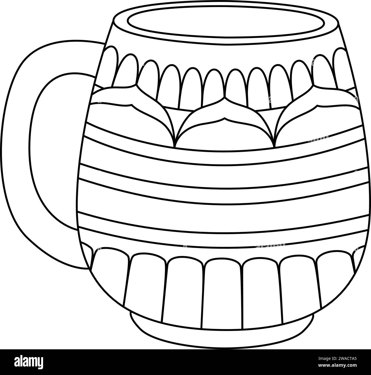 Niedlicher Weihnachtsbecher mit Ornament. Weihnachtskaffeetasse in flachem Stil. Ausmalseite für Strichzeichnung. Vektorabbildung Stock Vektor