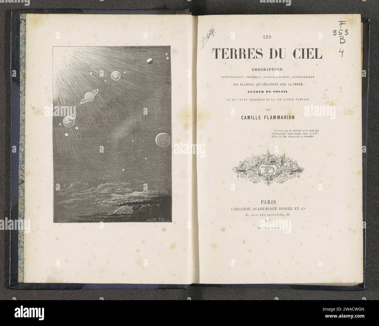 Die Länder des Himmels, Camille Flammarion, 1877 Buch Paris Paper. Pappe. Leinen (Material) Druck/Gravur/Marmoriertes Papier mit Sonnenflecken Stockfoto