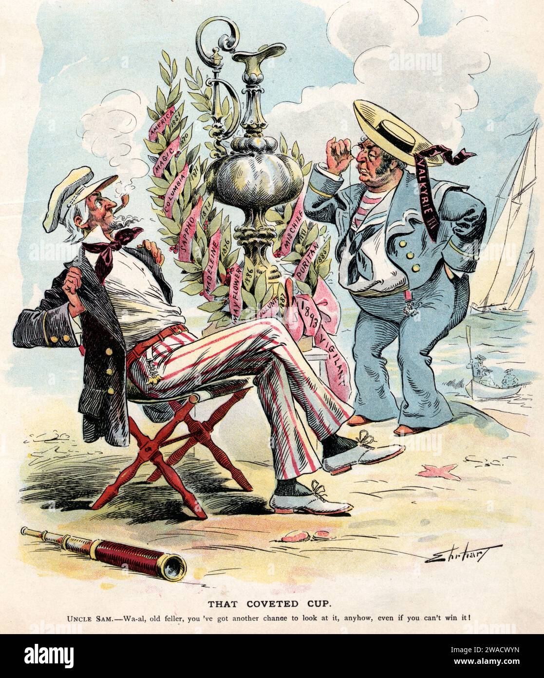 Dieser begehrte Cup - Print zeigt Onkel Sam in einem Stuhl am Strand neben dem America's Cup, der mit Lorbeerzweigen und den Namen amerikanischer Yachten geschmückt ist, und das Jahr, in dem sie den Cup gewonnen haben, "America 1851", "Magic 1870", "Columbia 1871", "Sappho 1874". Madeleine 1876, Unfug 1881, Puritan 1885, Mayflower 1886, Volunte[er] 1887, (und) wachsam 1893'; neben ihm befindet sich ein Teleskop am Boden. Ein britischer Seemann, der einen Hut mit dem Band „Walküre III“ trägt, steht vor Onkel Sam und schaut sich den Pokal 1895 an Stockfoto