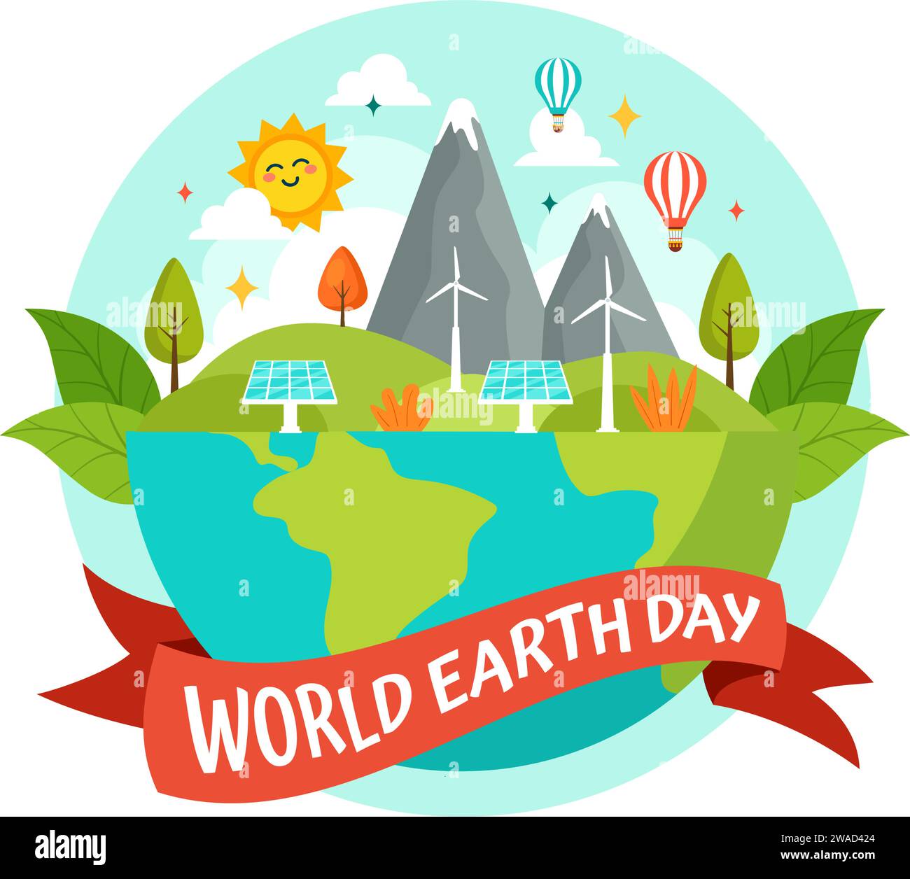 World Earth Day Vector Illustration am 22. April mit Weltkarte und Pflanzen oder Bäumen für die Begrünung des Bewusstseins in der Umwelt flacher Zeichentrickhintergrund Stock Vektor