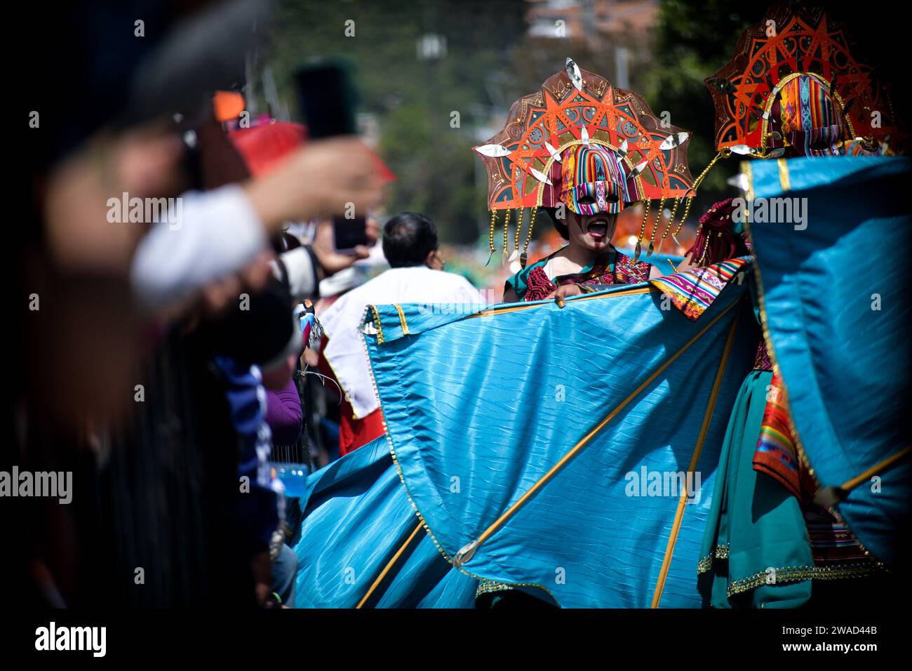 Pasto, Kolumbien. Januar 2024. Während der Canto a la Tierra Künstlerparade des Karnevals von Negros y Blancos (Karneval der Schwarzen und Weißen) in Pasto, Narino, Kolumbien, am 3. Januar 2024. Foto: Camilo Erasso/Long Visual Press Credit: Long Visual Press/Alamy Live News Stockfoto