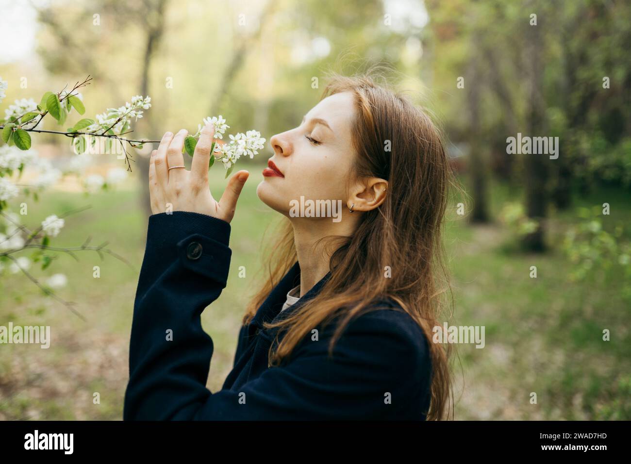 Schöne Frau, die Blumen im Obstgarten riecht Stockfoto