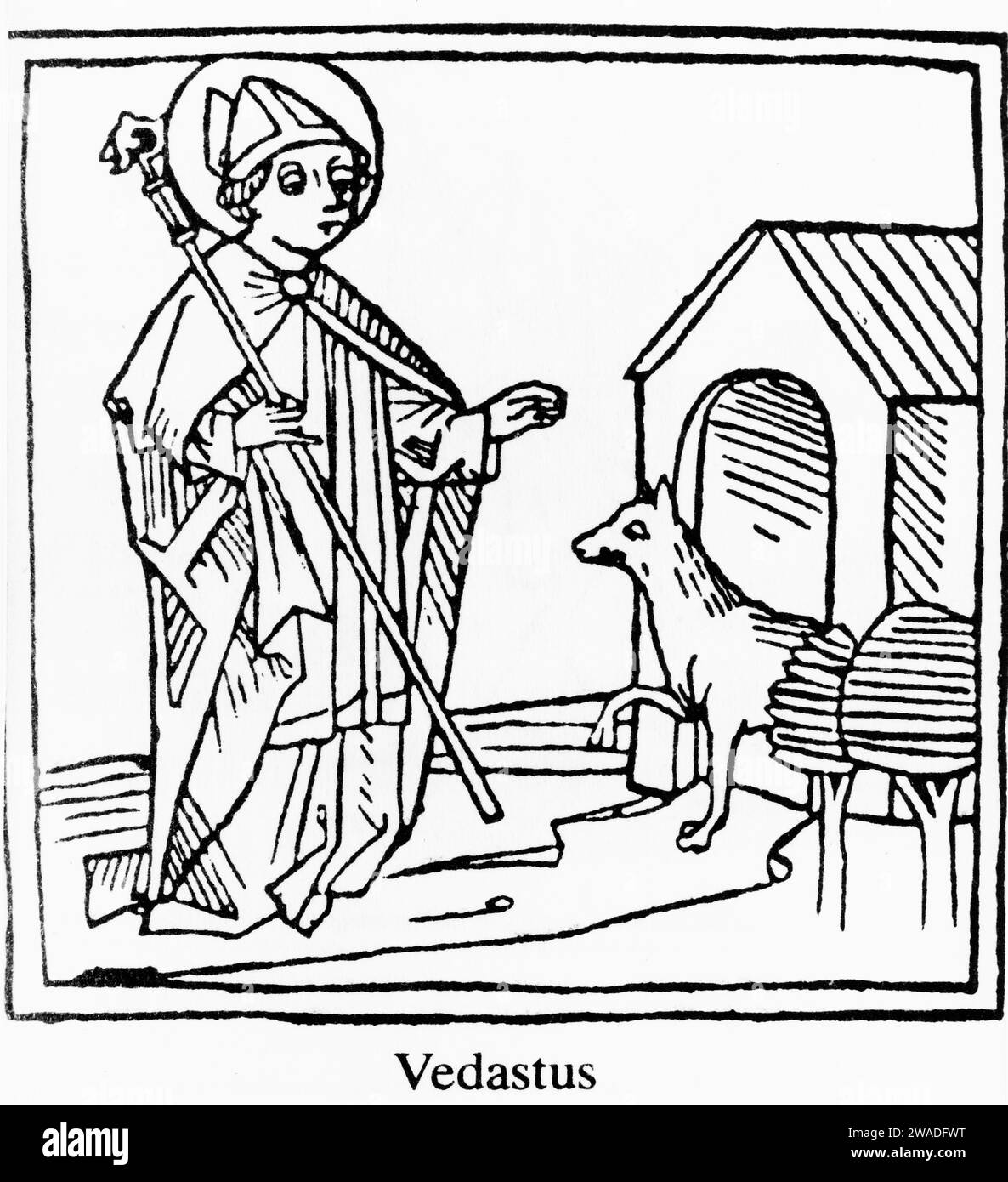 Vedastus (Vaast. Gaston), erster Bischof von Arras, mittelalterlicher Holzschnitt Stockfoto