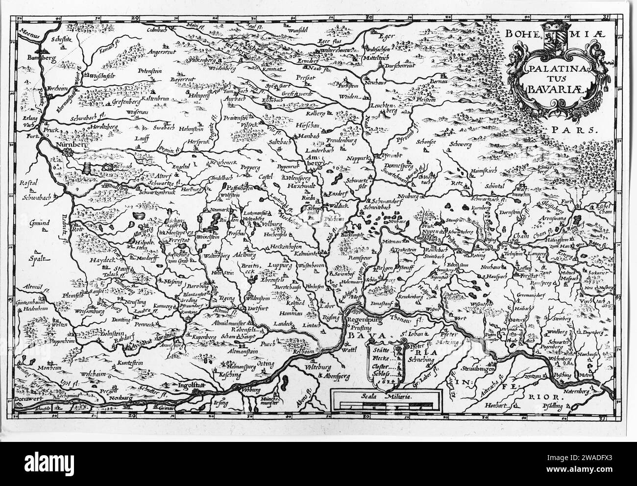 Karte von Oberbayern und Niederbayern, Kupferstich von Matthaeus Merian, um 1650 Stockfoto