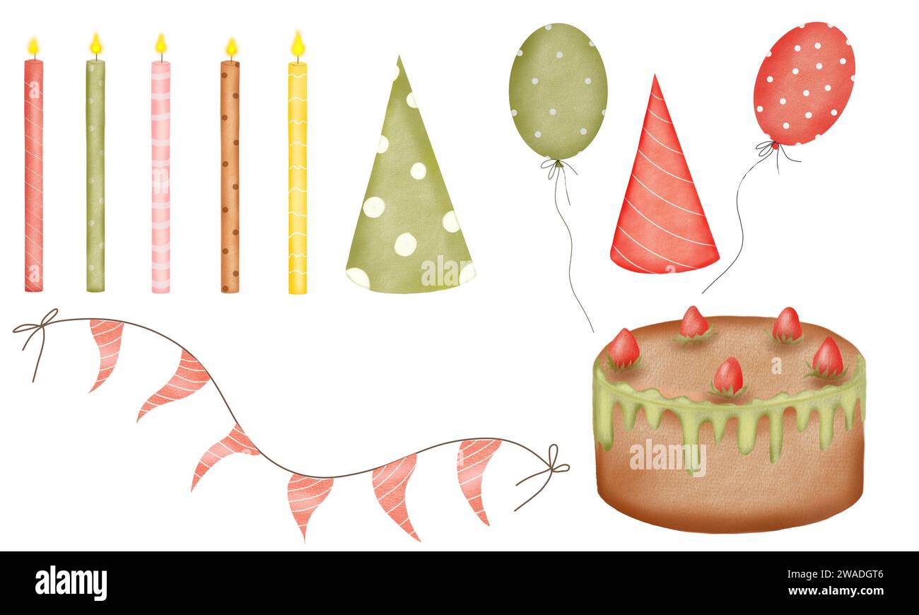 Aquarellset für Geburtstage und Feiertage auf weißem Hintergrund. Hüte und Kerzen, Flaggengirlanden und Ballons und einen Kuchen mit Stockfoto