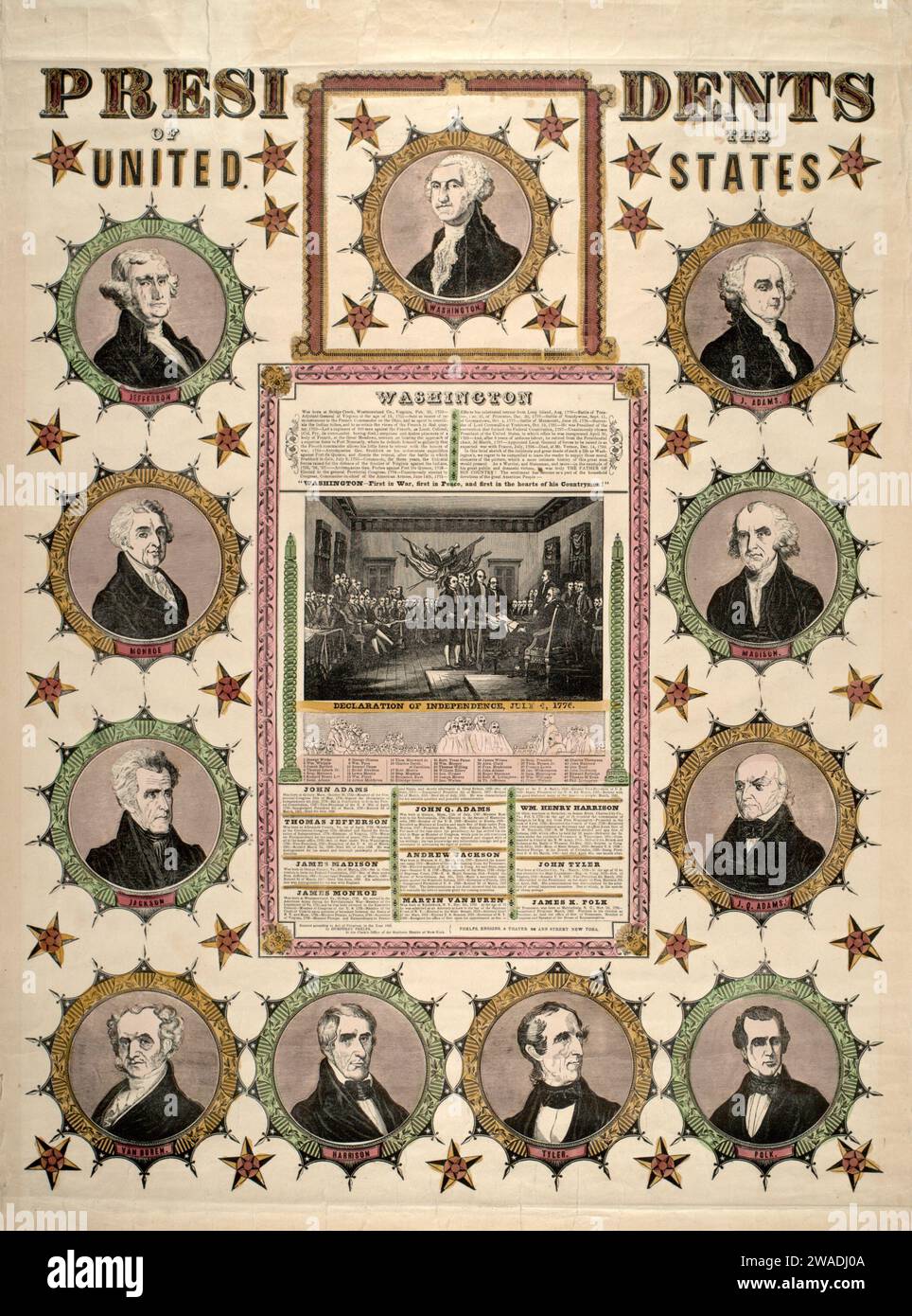 Lithografie, 'Präsidenten der Vereinigten Staaten' CA. 1846 zeigt auch Porträts amerikanischer Präsidenten und die Unterzeichnung der Unabhängigkeitserklärung am 4. Juli 1775 Stockfoto