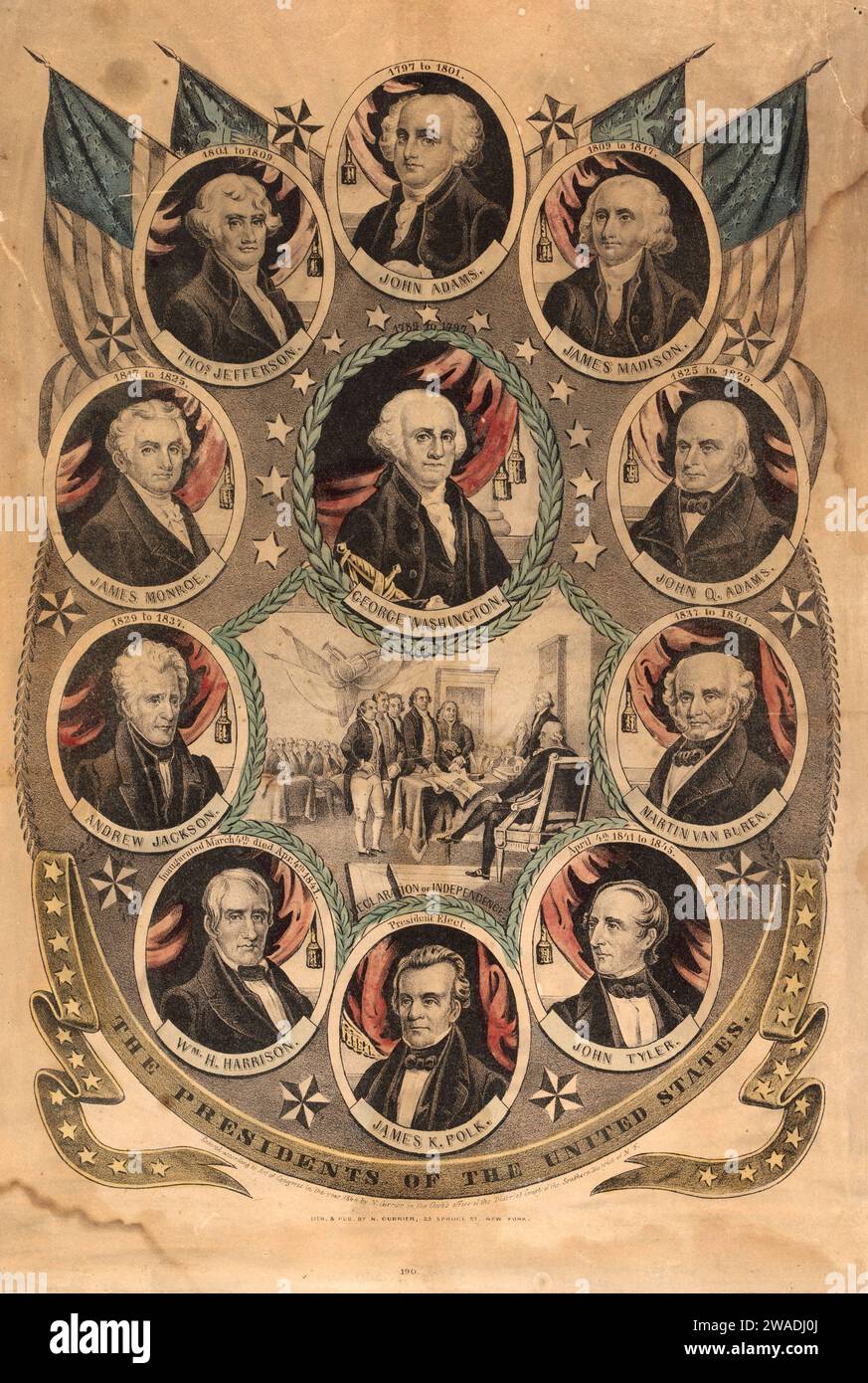 Das Litograph-Poster Presidents of the United States CA 1844 von Nathaniel Currier zeigt auch Porträts amerikanischer Präsidenten und die Unterzeichnung der Unabhängigkeitserklärung am 4. Juli 1775 Stockfoto