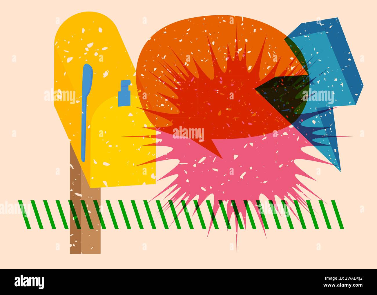 Risograph Mailbox mit Sprechblase mit geometrischen Formen. Objekte in trendigem Riso-Grafik-Design mit Texturelementen. Stock Vektor