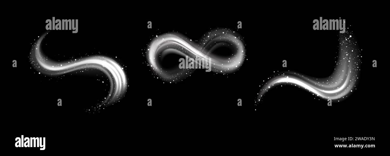 Weiße Wirbel auf schwarzem Hintergrund. Vektor-realistische Illustration von Neonlichtwellen und Infinity-Zeichen, magische funkelnde Partikel, saubere Wäsche Aroma Spur, frische frostige Luft im Winter Stock Vektor