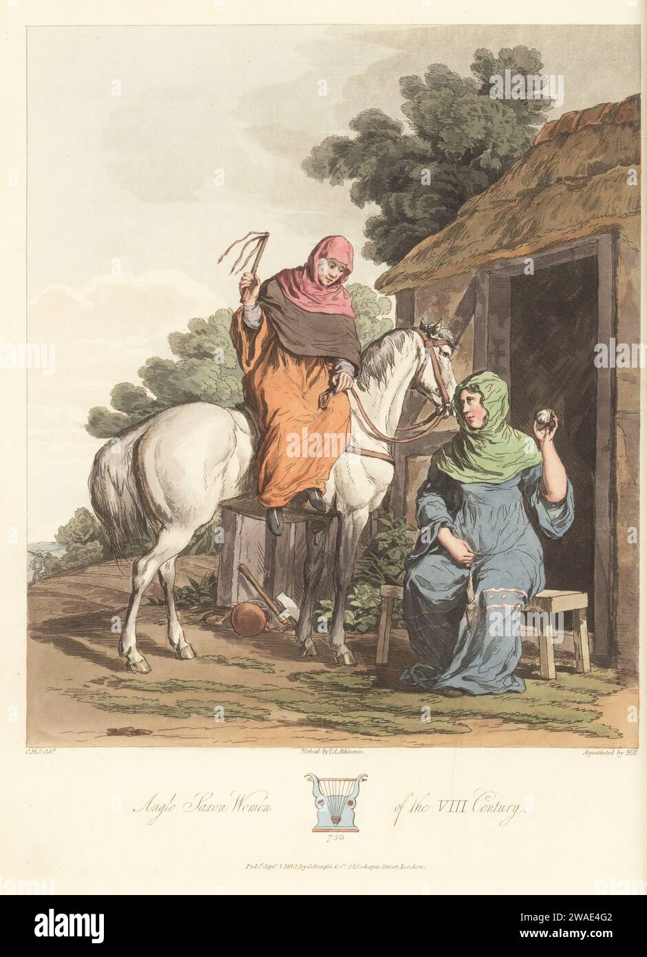 Angelsächsische Frauen des 8. Jahrhunderts. Ein reitender Seitensattel auf einem Pferd, das andere Spinngarn mit einer Spule. Beide tragen Kapuzenschleier und lange Kleider über Leinenmantel. Aus dem altenglischen Hexateuch, Cotton MS Claudius B IV. Antike Leier aus Cotton MS Tiberius B. v. Handfarbiger Kupferstich, geätzt von John Augustus Atkinson, Aquatinated von John Hill, nach einer Illustration von Charles Hamilton Smith aus seiner eigenen Auswahl von Ancient Costume of Great Britain and Ireland, Colnaghi and Co., London, 1814. Stockfoto