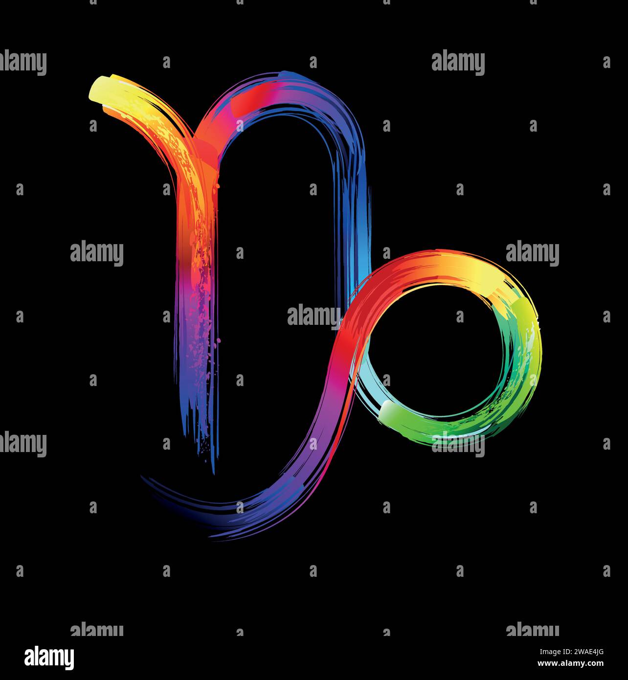 Sternzeichen Steinbock, gemalt mit großen Regenbogenstrichen, hell, mehrfarbig, leuchtend, Neonfarbe auf schwarzem Hintergrund. Zodiac-Symbol. Stock Vektor