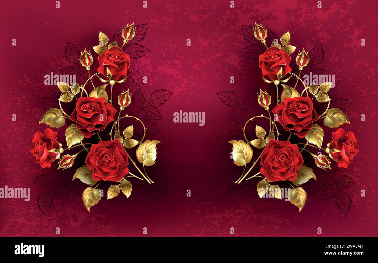Symmetrica-Komposition aus kunstvoll gezeichneten, goldenen, ineinander verflochtenen, glänzenden Rosen mit Schmuckblättern und -Stielen auf rot strukturiertem Hintergrund. Goldenes Rot RO Stock Vektor