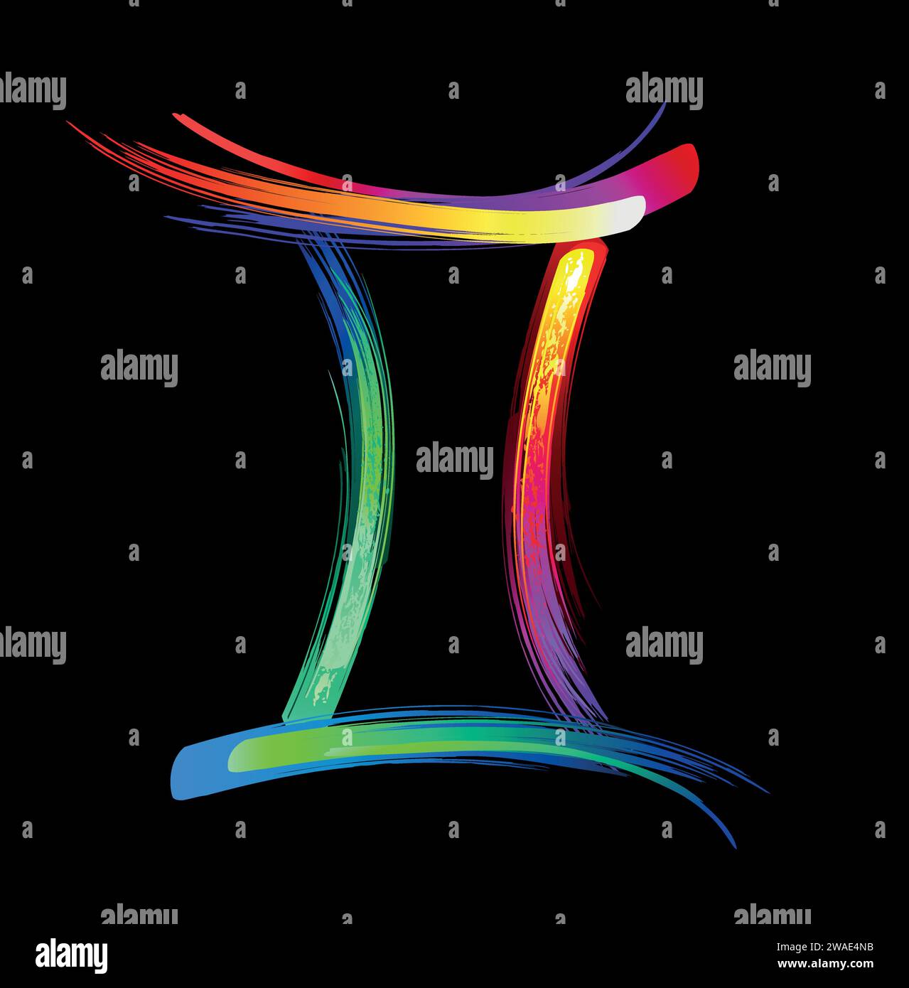 Sternzeichen Gemini, gemalt mit großen Strichen von Regenbogen, hell, mehrfarbig, leuchtend, Neonfarbe auf schwarzem Hintergrund. Zodiac-Symbol. Stock Vektor