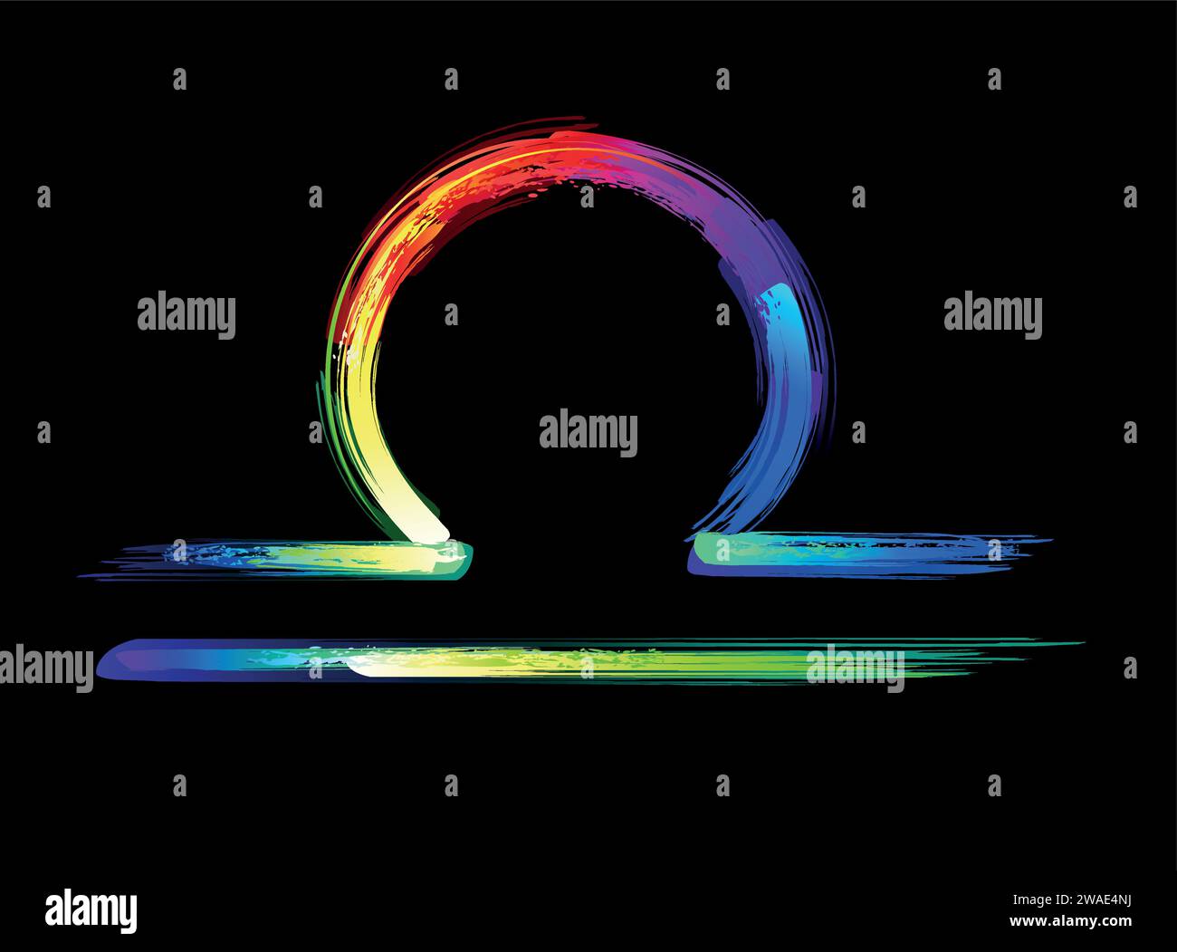 Libra Sternzeichen, gemalt mit großen Regenbogenstrichen, hell, mehrfarbig, leuchtend, Neonfarbe auf schwarzem Hintergrund. Zodiac-Symbol. Stock Vektor