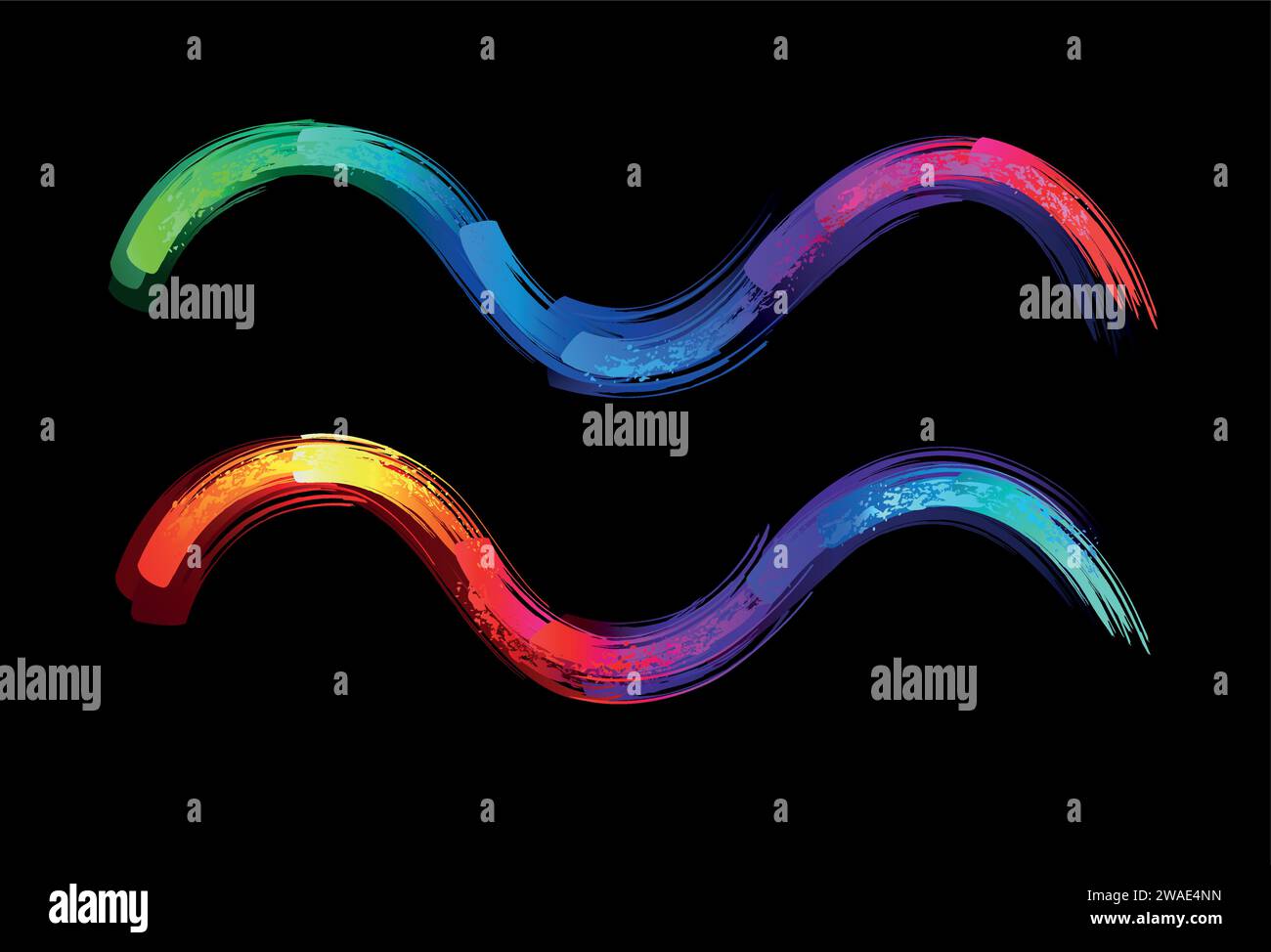Aquarius-Sternzeichen, gemalt mit großen Regenbogenstrichen, hell, mehrfarbig, leuchtend, Neonfarbe auf schwarzem Hintergrund. Zodiac-Symbol. Stock Vektor