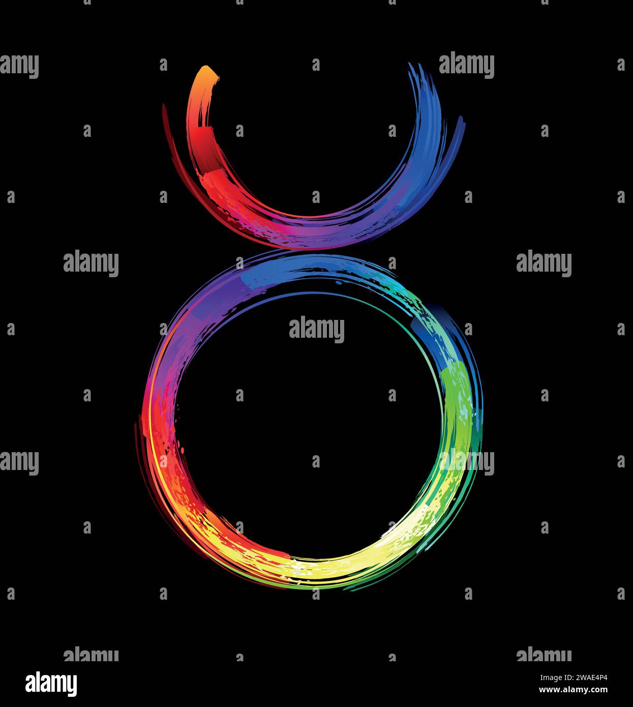 Sternzeichen Stier, gemalt mit großen Regenbogenstrichen, hell, mehrfarbig, leuchtend, Neonfarbe auf schwarzem Hintergrund. Zodiac-Symbol. Stock Vektor