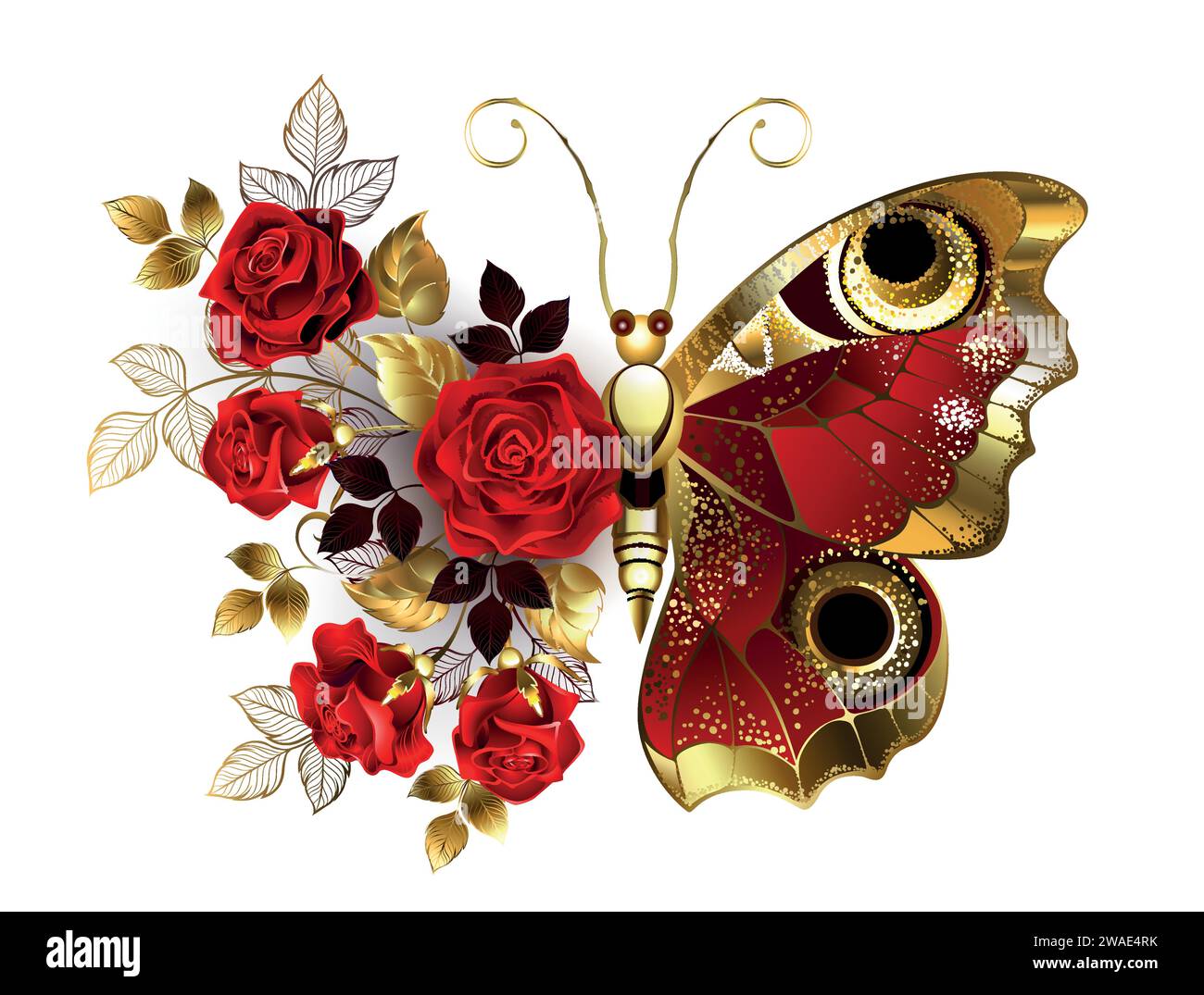 Roter Pfauenaugenblume Schmetterling mit rot strukturiertem Flügel, verziert mit einer Komposition aus roten, künstlerisch bemalten Rosen mit goldenen Stielen und Blättern o Stock Vektor