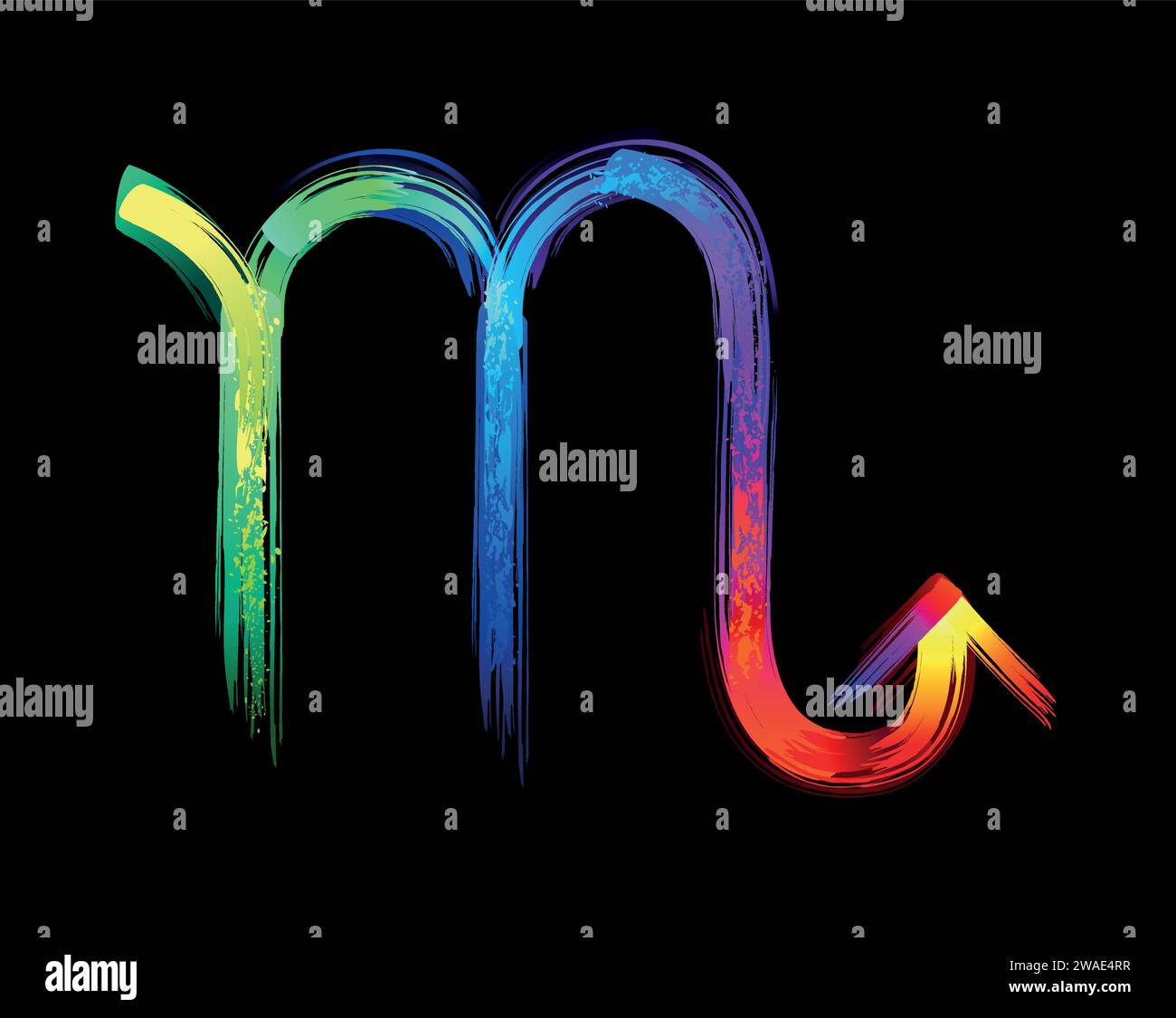 Skorpion-Sternzeichen, gemalt mit großen Regenbogenstrichen, hell, mehrfarbig, leuchtend, Neonfarbe auf schwarzem Hintergrund. Zodiac-Symbol. Stock Vektor