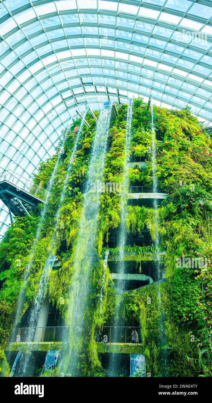 Eine vertikale Aufnahme des Wasserfalls des Cloud Forest in Gardens by the Bay in Singapur. Stockfoto