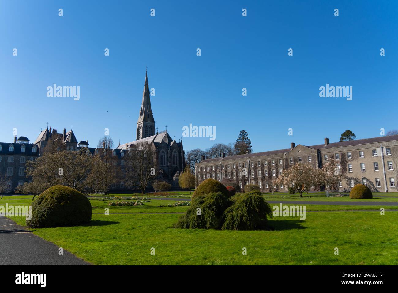 Die Maynooth University in Irland, umgeben von einem wunderschönen Park an einem sonnigen Tag Stockfoto