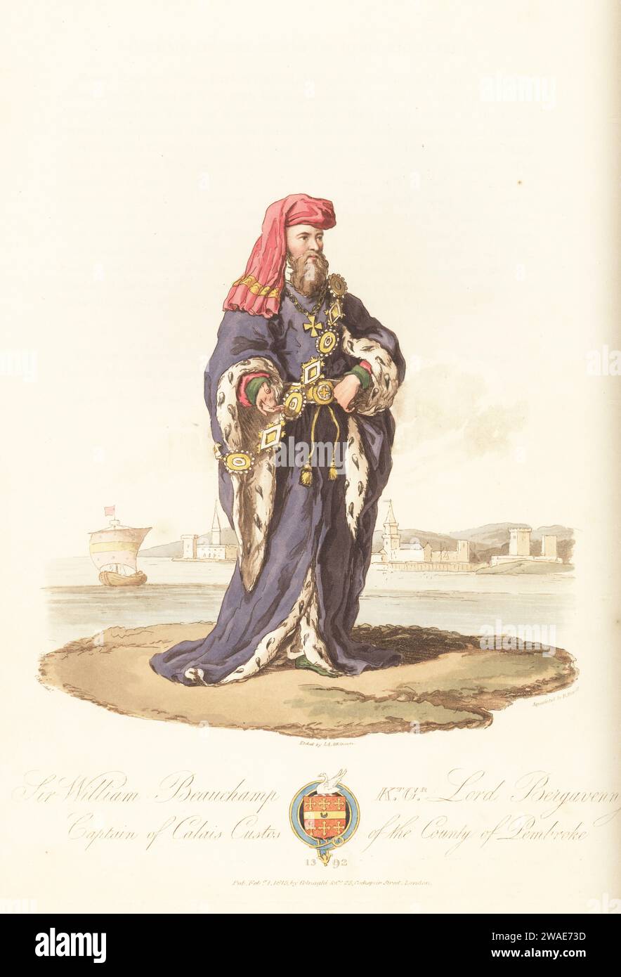 Sir William Beauchamp, Ritter des Garters, Lord Bergavenny, Kapitän von Calais, 1392. In der Staatsgewohnheit von purpurroter Kapuze, Hermelin-gesäumtem lila Gewand, reichem Gürtel, goldenem Gürtel und Edelsteinen auf seiner Schulter. Aus dem Buntglas im York Minster von John Thornton. Blick auf Calais mit einem Druck von Wenceslaus Hollar. Handkolorierter Kupferstich von John Augustus Atkinson, Aquatinated von Robert Havell, nach einer Illustration von Charles Hamilton Smith aus seiner eigenen Auswahl des antiken Kostüms von Großbritannien und Irland, Colnaghi and Co., London, 1814. Stockfoto