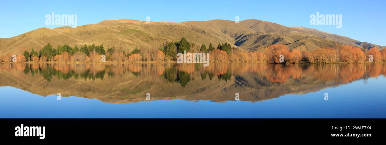 Panoramablick auf Herbstbäume, die sich im ruhigen Wasser des Lake Ruitaniwha in der Nähe von Twizel, Neuseeland, spiegeln Stockfoto